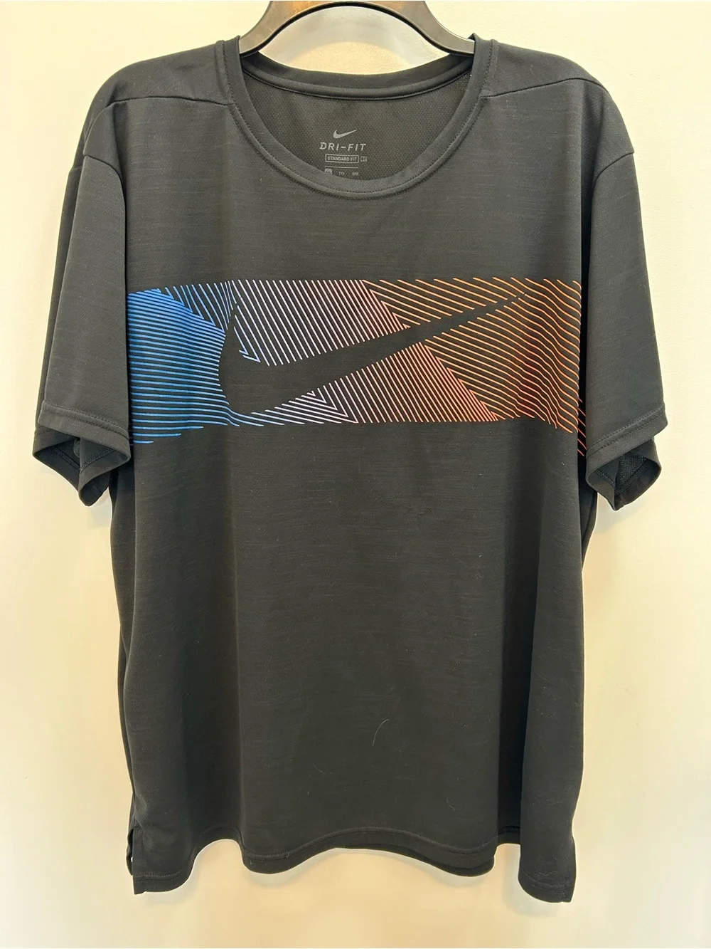 Nike Black Short Sleeve Dri-FIT Tee with Blue-to-Orange Gradient Swoosh
